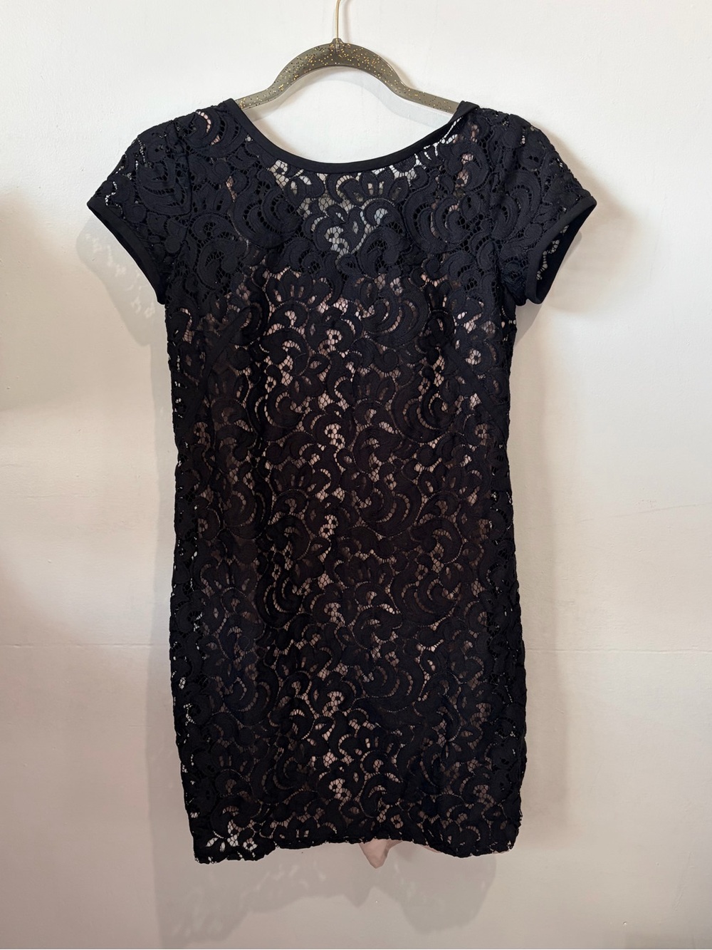 LOFT Black Floral Lace Shift Dress with Nude Lining - Size 2P